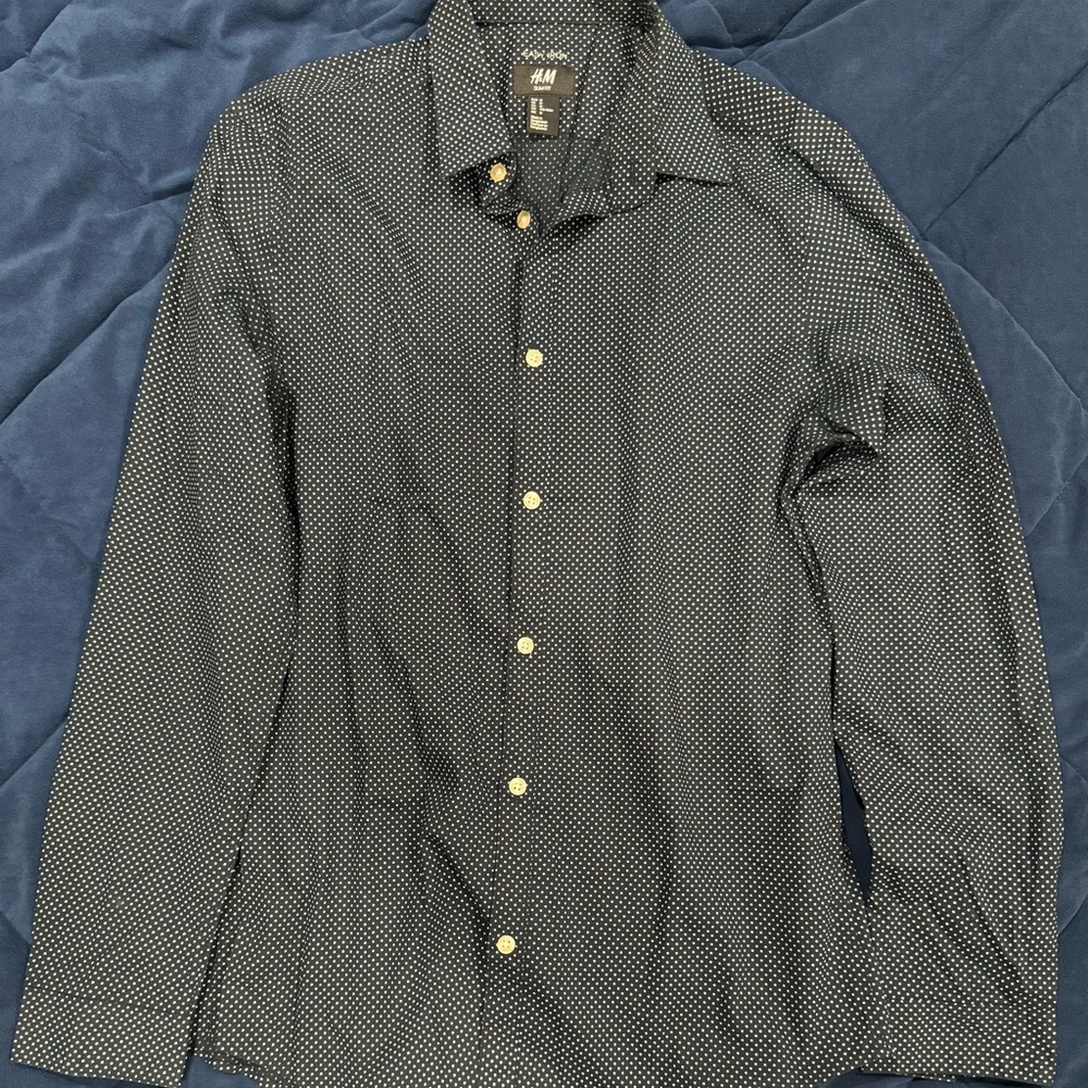 H&M Men's Dark Blue Polka Dot Shirt